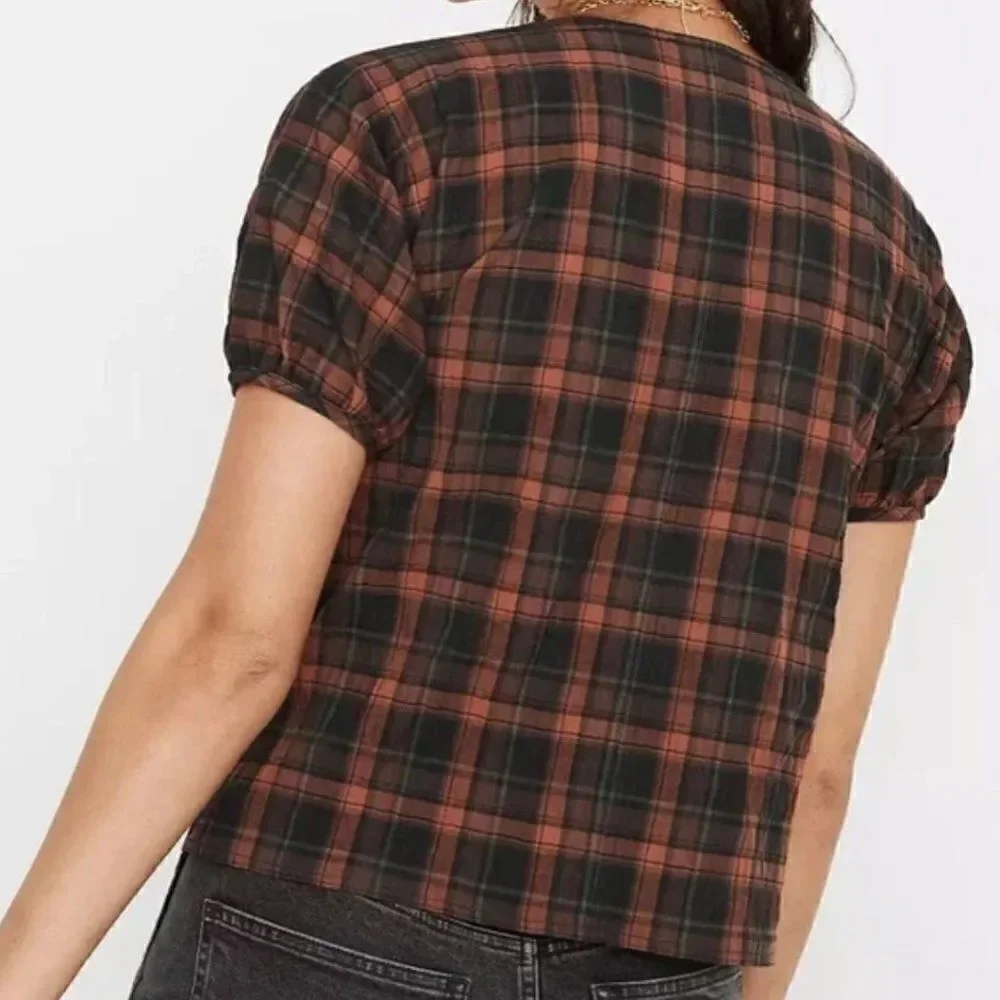 Madewell Gathered V-Neck Top in Plaid
